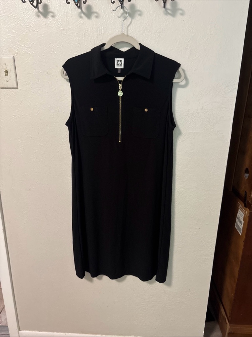 Anne Klein Black Sleeveless Zip Polo Dress with Gold Hardware